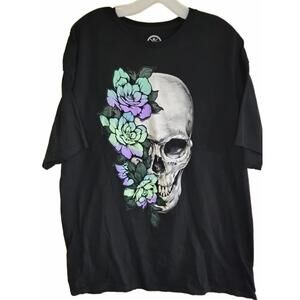 DOM Black Graphic Skull and Flowers T-Shirt Size 2XL